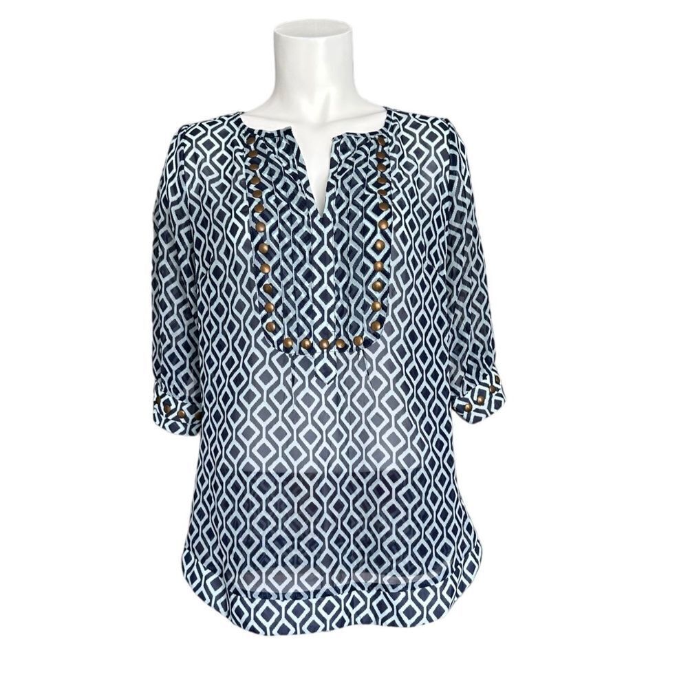 41 Hawthorn Women's Blue & White‎ 3/4 Sleeves Notched Neck Blouse Size M